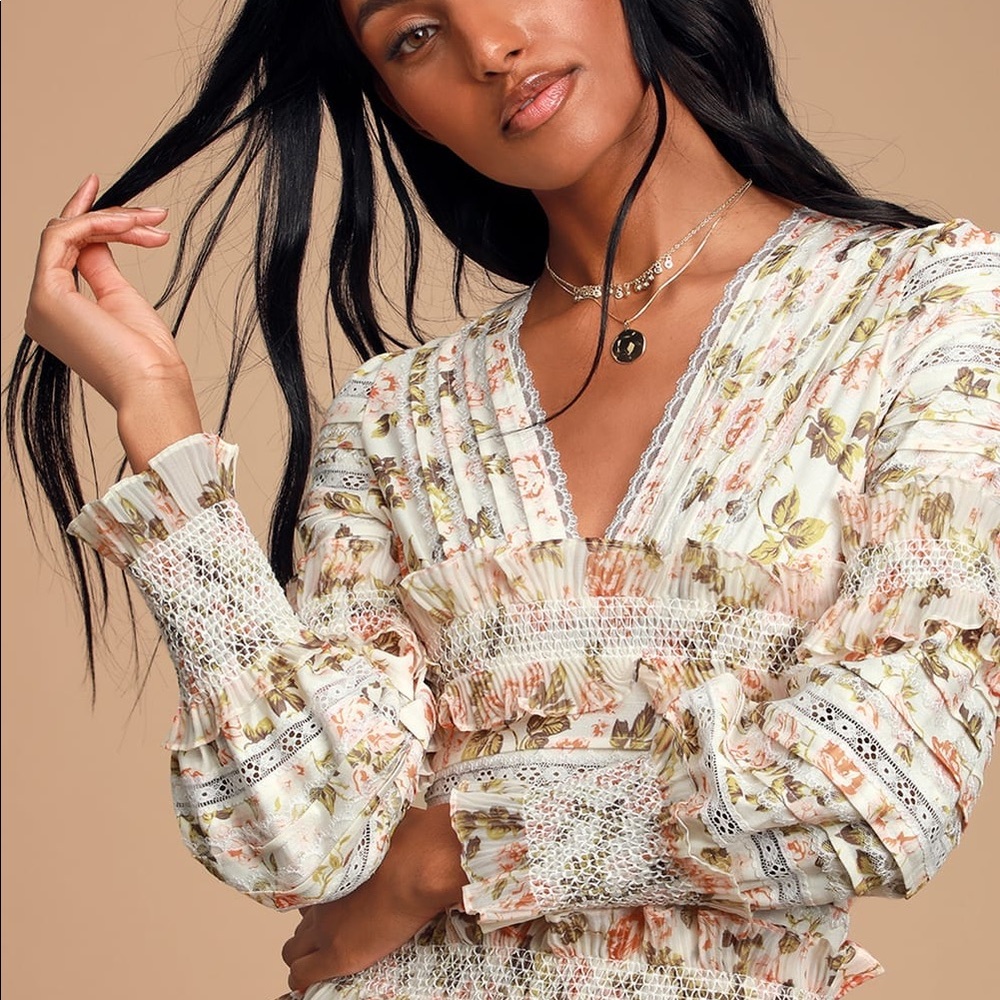 Flora Cream Floral Print Ruffled Long Sleeve Bodycon Mini Dress
O.P.T.